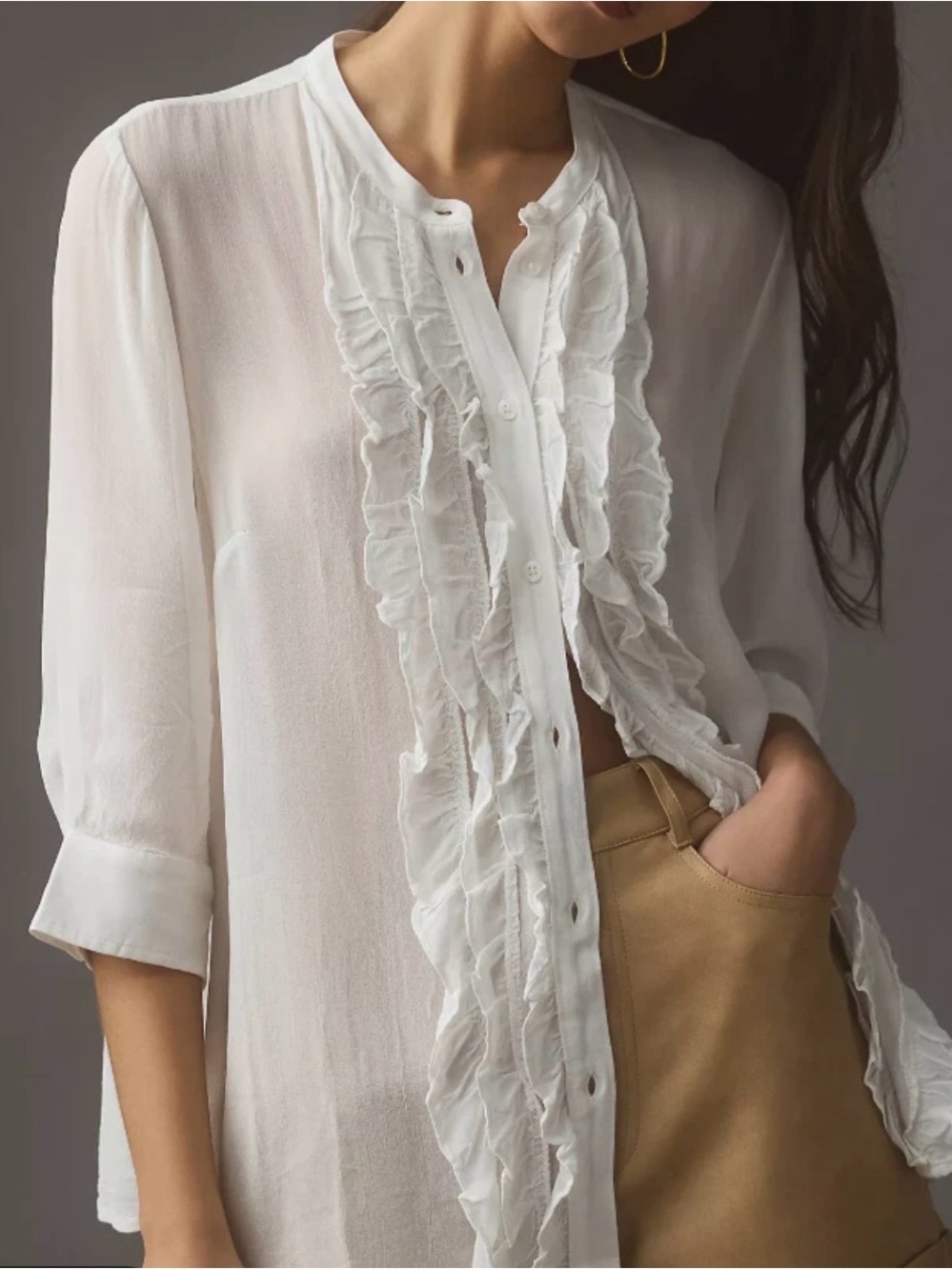 Maeve Anthropologie White Ruffle-Front Sheer Button Down Blouse M
